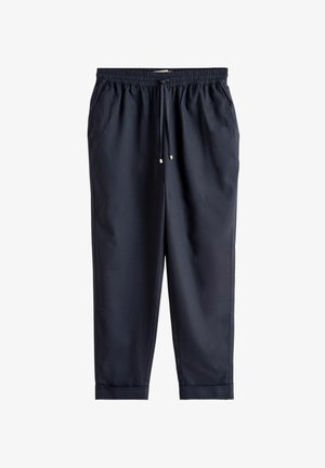 Navy blue casual pants with elastic waistband, adjustable drawstring, side pockets, and cuffed hems.