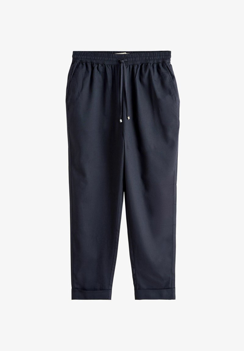 Pantalon décontracté bleu marine avec taille élastique, cordon de serrage ajustable, poches latérales et ourlets retroussés.