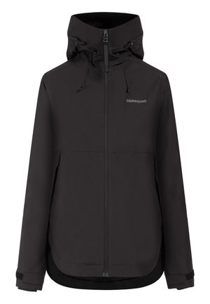 Chaqueta impermeable negra con capucha, cremallera frontal, cordones ajustables en la capucha y tiras en las muñecas, con la marca "Didriksons" en el pecho.