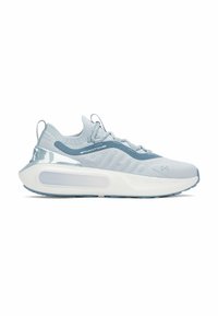 Light blue athletic shoe with a textured knit upper, smooth accents, and a thick, white midsole. Features laces and a cushioned heel.