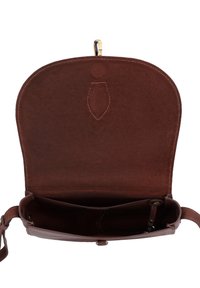 Brown leather crossbody bag open to show a main compartment with a small inner zip pocket and an adjustable shoulder strap.