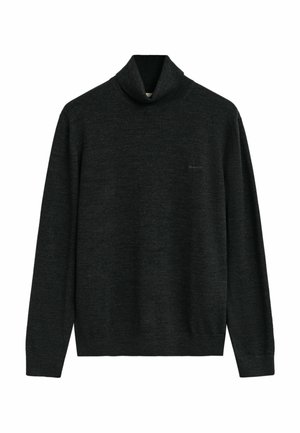 Dunkelgrauer Rollkragenpullover aus weichem Stoff, mit langen Ärmeln und glatter Textur. Subtile Markenkennzeichnung auf der Vorderseite.