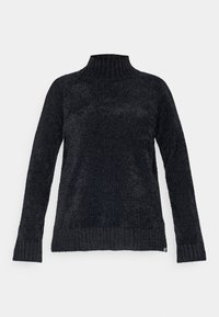 Melns augstu aiztaisāms džemperis no mīksta, faktūras materiāla. Tam ir gari piedurknes un ribota apakšmala, ar brīvu piegriezumu un bezšuvju dizainu.