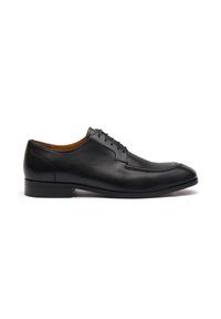 Scarpa nera in pelle con lacci, finitura liscia, punta arrotondata e cuciture decorative. Presenta un tacco basso a blocco e una soletta imbottita.