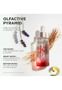 Klar glassflaske med dråpeteller, med en gradient fra klar til rosa, sølvhette og dråpeteller, omgitt av lavendel og dekorative gress.