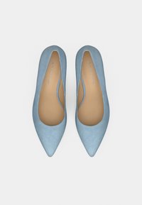 Ballerines bleu clair en daim à bout pointu avec une texture lisse et une légère courbure sur les côtés, dotées d'un intérieur beige.