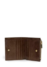 Brązowy skórzany portfel z wieloma przegródkami na karty, zamykaną na zamek kieszenią oraz zapięciem na zatrzask. Miękka faktura i gładkie wykończenie.