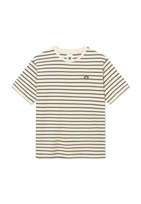 Tricou din bumbac cu dungi, având dungi orizontale bej și verde măsliniu, guler rotund și un logo mic pe pieptul stâng.