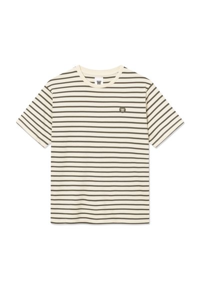 Striped cotton t-shirt featuring beige and olive green horizontal stripes, crew neckline, and small logo on the left chest.