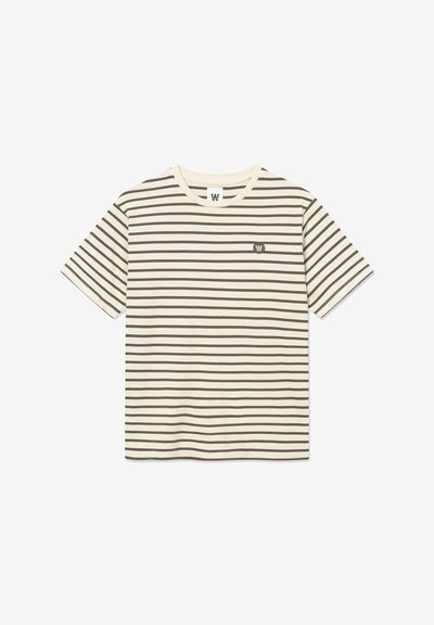 Striped cotton t-shirt featuring beige and olive green horizontal stripes, crew neckline, and small logo on the left chest.