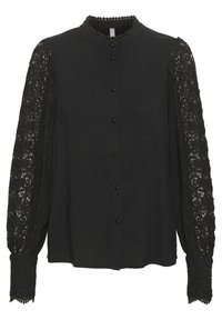 Black blouse featuring lace long sleeves with floral patterns, button closure, and a rounded collar with decorative trim. Soft fabric texture.