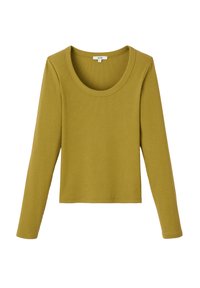 Haut à manches longues en vert olive, fabriqué à partir de tissu côtelé. Encolure dégagée et design cropped. Lignes simples et épurées sans embellissements supplémentaires.