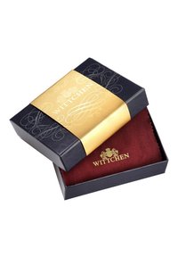 Black box with a gold band, featuring the text "WITTHCEN." Inside, a maroon cloth with a textured surface and gold logo.