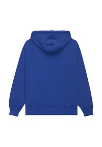 Felpa blu piatta, vista dal retro, con maniche lunghe, cappuccio, e polsini e vita a costine.