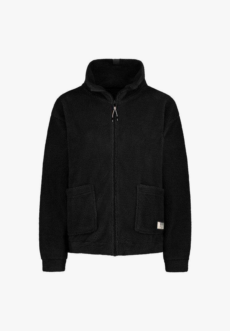 Schwarze Fleecejacke mit hohem Kragen, Frontreißverschluss, zwei aufgesetzten Taschen und gerippten Bündchen. Weiches, strukturiertes Material mit entspanntem Schnitt.