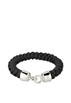 Black braided rope bracelet with silver metal end caps and a round clasp closure on a white background.