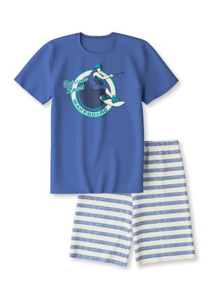 T-shirt blu a maniche corte con stampa di wakeboard e pantaloni corti crema con righe orizzontali blu, realizzati in morbido cotone.