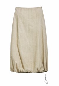 Beige skirt made of lightweight fabric, featuring a gathered hem and drawstring detail. Smooth texture with minimalist design and subtle sheen.