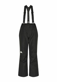 Pantalon de ski noir imperméable avec bretelles réglables comportant un logo répété et un logo blanc sur la cuisse gauche.