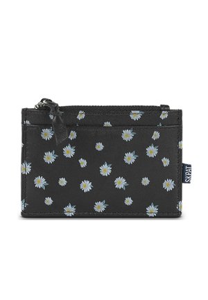 Billetera negra con una superficie texturizada, que presenta un patrón floral de margaritas blancas con pétalos azul claro. Incluye un cierre con cremallera y etiqueta lateral.