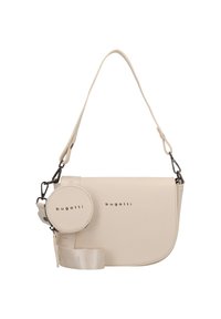 Borsa a tracolla beige con texture liscia, tracolla regolabile, pochette accessoria circolare e dettagli logo sul davanti.