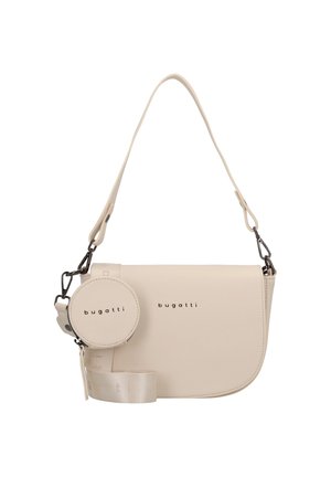 Sac bandoulière beige avec une texture lisse, une sangle ajustable, une pochette accessoire circulaire et des détails de logo sur le devant.