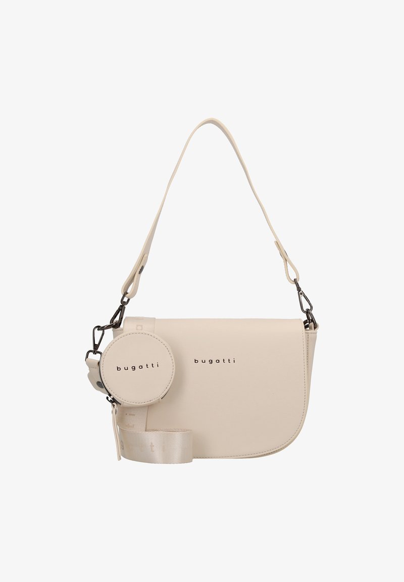 Borsa a tracolla beige con texture liscia, tracolla regolabile, pochette accessoria circolare e dettagli logo sul davanti.