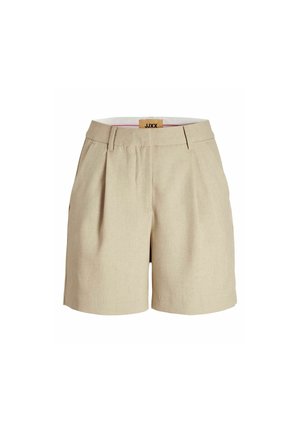 Beige linnen shorts met plooien, zijzakken en een tailleband. Bevat een merklabel aan de binnenkant. Soepele textuur en een getailleerd ontwerp.