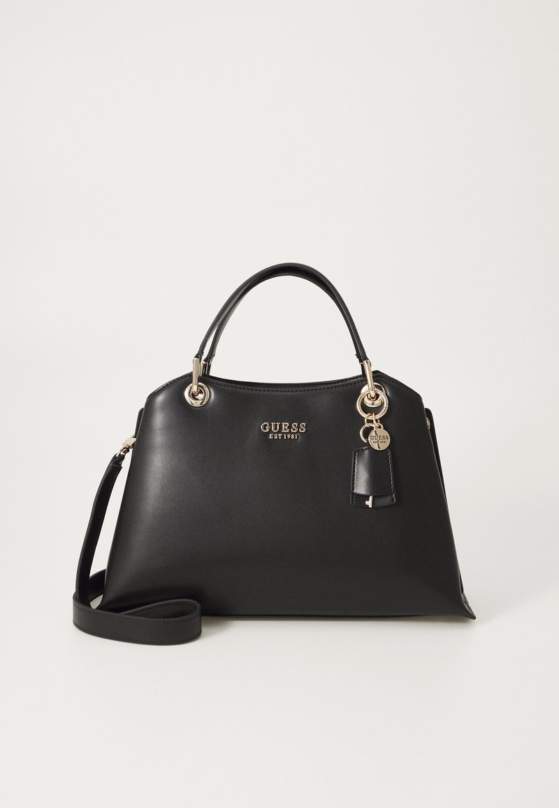 Borsa a mano in pelle nera con design strutturato, accessori in oro, doppio manico superiore, tracolla rimovibile e dettaglio del logo sul davanti.