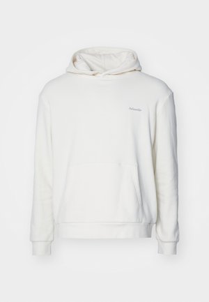 Weißer Hoodie mit Fronttasche, langen Ärmeln und Kapuze mit Kordelzug. Aus weichem Stoff und mit dezent gesticktem Text auf der Brust.