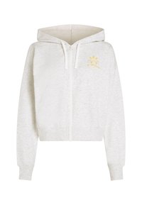 Svetlošedá mikina na zips so zlatým grafickým obrázkom slnka; obsahuje predný zips, nastaviteľnú kapucňu so šnúrkami a rebrované manžety.