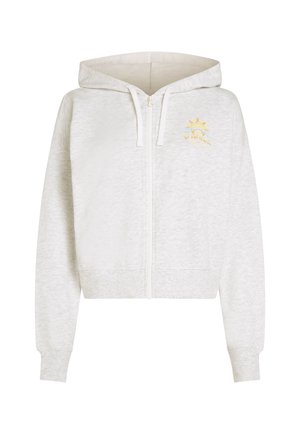 Svetlo siva zip-up kapuca s grafiko zlatega sonca; ima sprednji zadrgo, nastavljiv kapuco s vrvico in rebraste manšete.