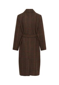 Long manteau en laine avec ceinture, présentant un motif à carreaux marron et orange, montré de dos sur fond blanc.