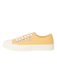 Yellow canvas sneakers with white rubber sole, round toe, and five metal eyelets for laces. S.Oliver logo detail on the side.