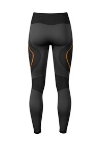 Schwarze sportliche Leggings mit orangefarbenen Akzenten; körperbetont, mit strukturierten Einsätzen und hohem Bund. Keine sichtbaren Hardware-Details.