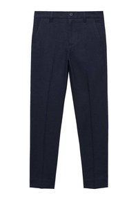 Navyblå byxor i lätt tyg, med flat framsida, bältesöglor och sidofickor. Rakt ben-design; inga mönster.
