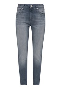 Pantalones vaqueros de corte ajustado en un color gris deslavado, con cinco bolsillos, cierre frontal de botones y detalles sutiles de costura.