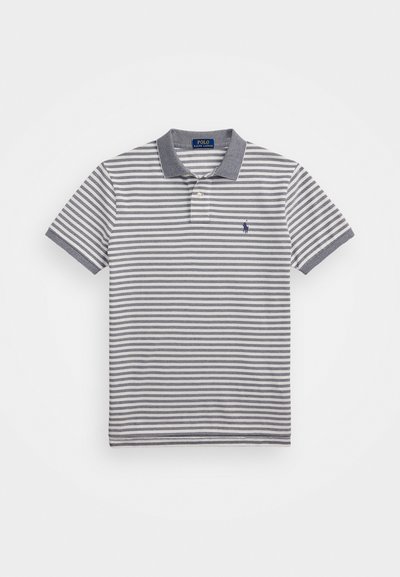 Srajca polo v sivo-belem črtastem vzorcu, s ovratnikom, kratkimi rokavi in majhnim vezenim logotipom na levi strani. Iz bombažnega materiala.