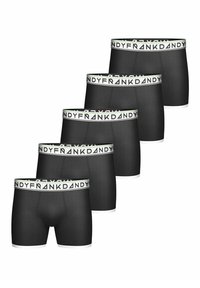 Fünf Paare schwarze Boxershorts mit einem weißen Bund, der wiederholt den Text "FRANK DANDY" zeigt. Glatte Textur, eng anliegendes Design.