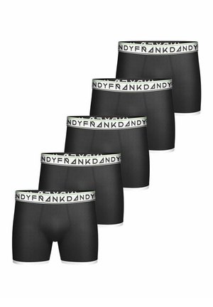 Fünf Paare schwarze Boxershorts mit einem weißen Bund, der wiederholt den Text "FRANK DANDY" zeigt. Glatte Textur, eng anliegendes Design.