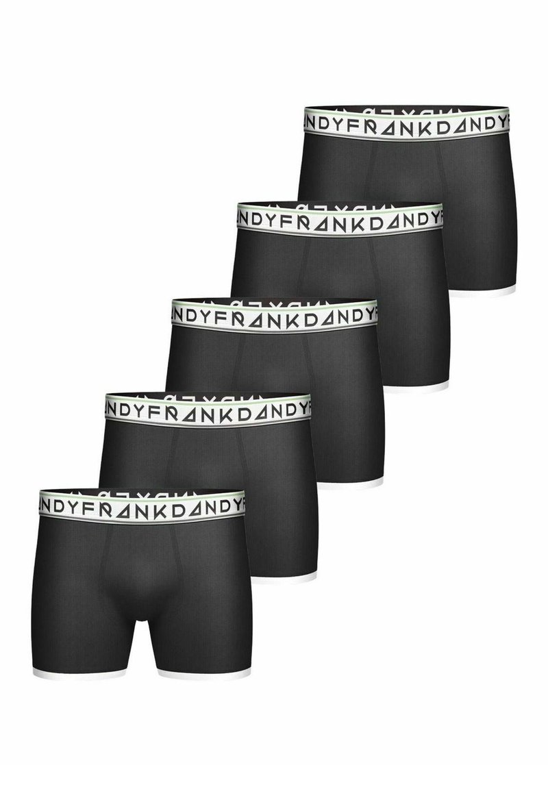 Fünf Paare schwarze Boxershorts mit einem weißen Bund, der wiederholt den Text "FRANK DANDY" zeigt. Glatte Textur, eng anliegendes Design.