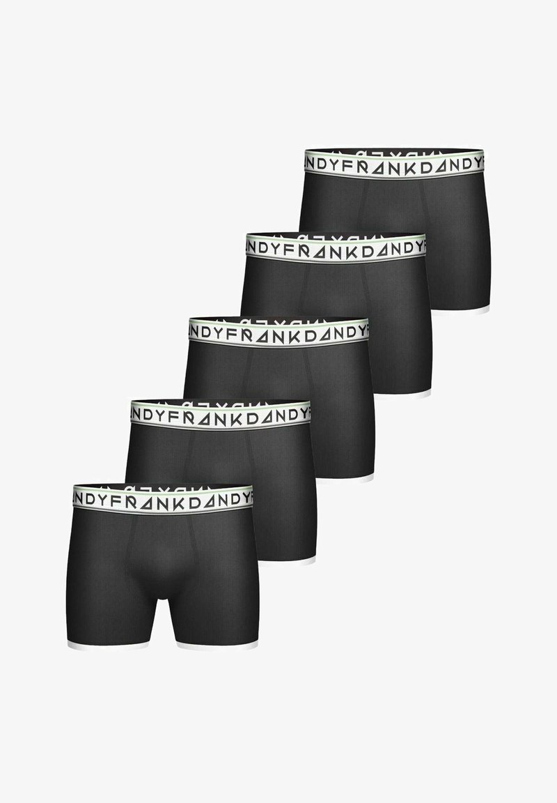 Fünf Paare schwarze Boxershorts mit einem weißen Bund, der wiederholt den Text "FRANK DANDY" zeigt. Glatte Textur, eng anliegendes Design.