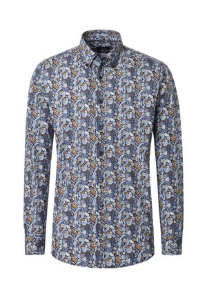 Langärmliges Hemd in Blau mit einem Blumenmuster, das Brauntöne und Weiß enthält. Baumwollstoff mit Knopfleiste vorne und Kragen.