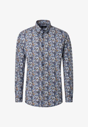 Blauw overhemd met lange mouwen en een bloemmotief, met tinten bruin en wit. Gemaakt van katoen met een knoopsluiting aan de voorkant en een kraag.
