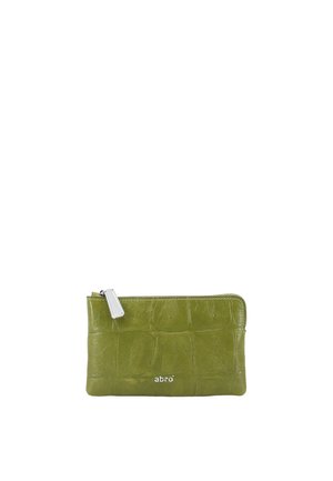 Green textured leather zip pouch with silver zipper pull and "abro" logo centered on front face.