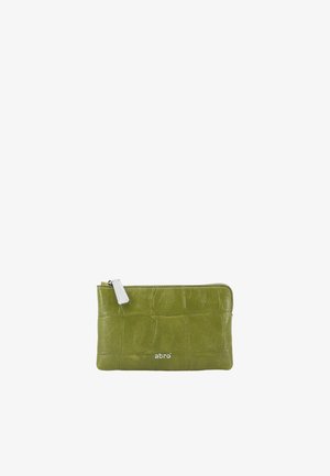Green textured leather zip pouch with silver zipper pull and "abro" logo centered on front face.