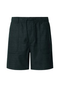 Pantalones cortos de lino verde oscuro con cinturilla elástica, detalle de cordón y dos bolsillos laterales. Diseño sencillo y tela texturizada.