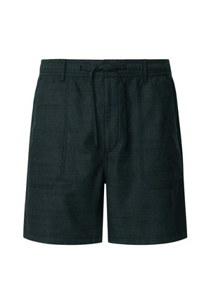 Shorts en lin vert foncé avec une taille élastique, un détail de cordon de serrage et deux poches latérales. Design simple et tissu texturé.