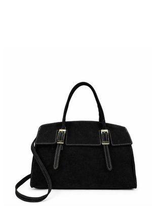 Sac à main en daim noir avec deux poignées supérieures, détails de boucle dorée et une bandoulière amovible sur fond blanc.