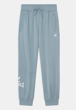 Hellblaue Adidas Trainingshose mit elastischen Bündchen, Vordertaschen, Kordelzug in der Taille und weißen Adidas-Logos am Oberschenkel und Unterschenkel.